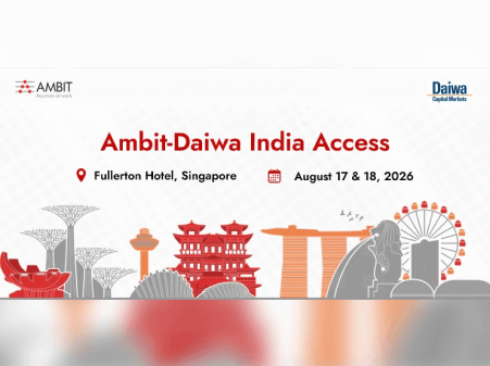 Event banner for 'Ambit-Daiwa India Access' displaying vector illustrations of iconic Singapore landmarks, including Marina Bay Sands and the Singapore Flyer