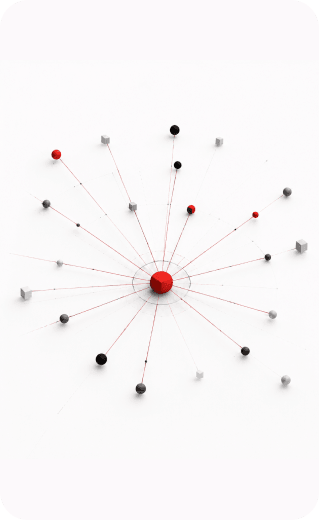 Abstract 3D network graphic with red and black spheres connected by thin radial lines