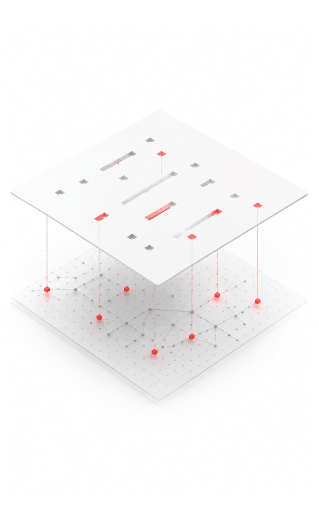 Abstract 3D layered glass plane floating over a dot matrix with highlighted red structural segments