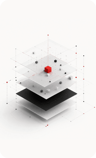 Abstract 3D illustration of transparent layered platforms with small floating red and grey cubes
