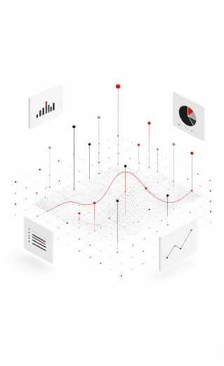 Abstract 3D graphic featuring a red trend line passing through vertical data points with floating chart panels