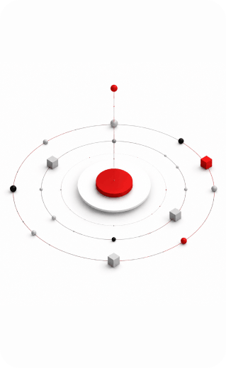 Abstract 3D network graphic showing a flat red central disc with smaller grey and red cubes orbiting on concentric paths