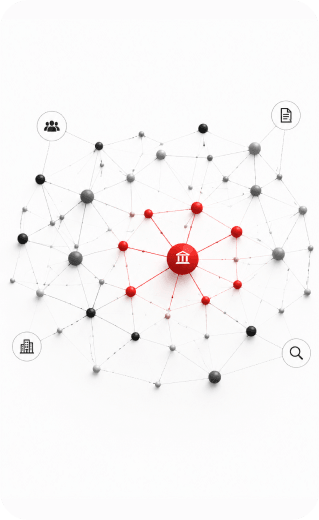 Abstract network visualization with interconnected black and red nodes centered around a bank icon