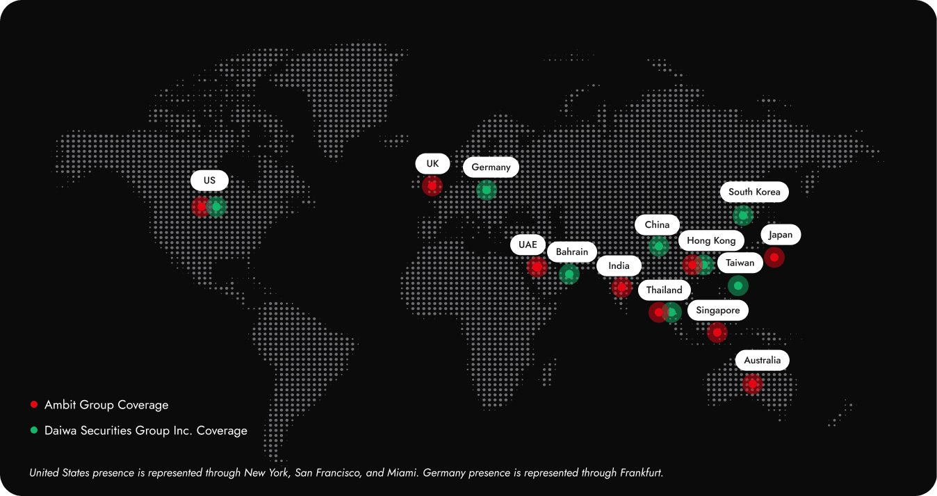 World map showing the global reach of Ambit Group and Daiwa Securities Group across North America, Europe, the Middle East, and Asia-Pacific