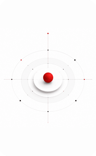 Abstract 3D target design showing a central red sphere on stacked circular white pedestals surrounded by concentric rings