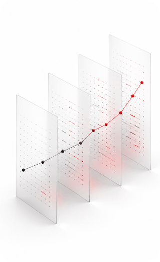 Abstract graphic with a red trend line rising sequentially through four semi-transparent vertical panels