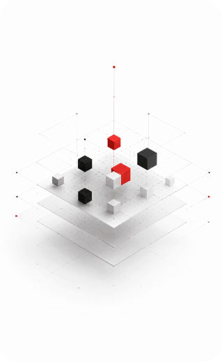 Abstract 3D isometric illustration of stacked transparent planes with floating red and black blocks