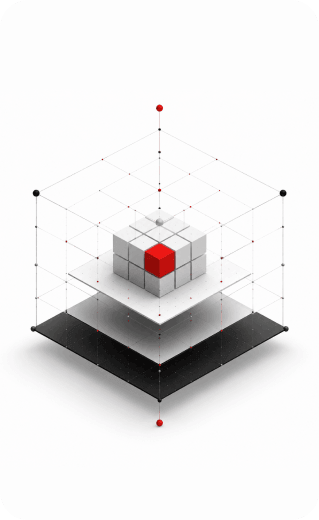 Abstract 3D wireframe cube containing stacked smaller blocks with one highlighted red cube
