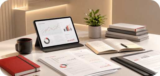 A modern desk setup featuring a digital tablet displaying charts and graphs, alongside printed financial reports, a notebook, and a coffee mug