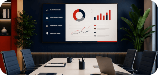 Meeting room displaying financial charts and market dashboards.