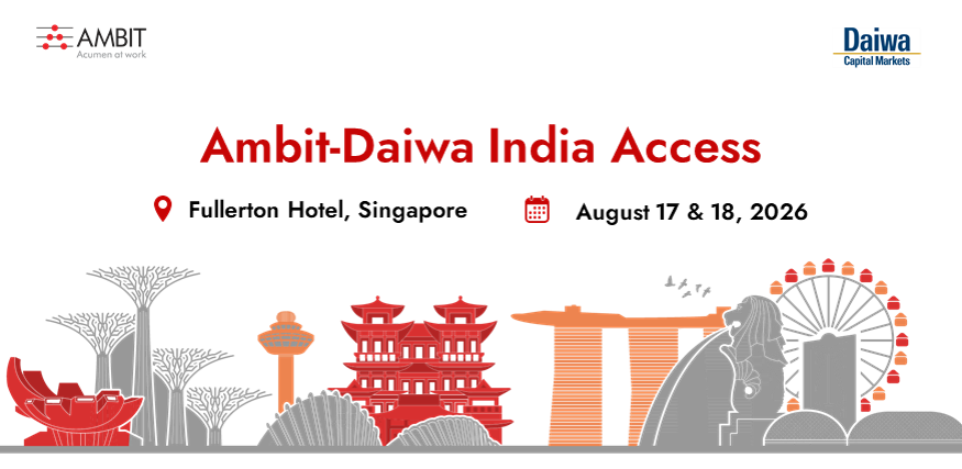 Event invitation banner for 'Ambit Daiwa India Access Conference' featuring silhouettes of landmarks of Singapore , as well as the dates and location of the event
